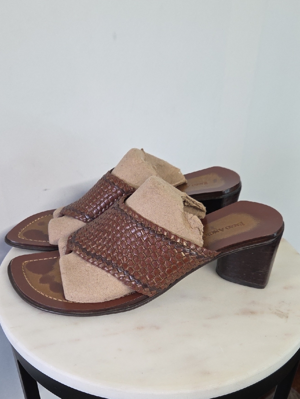 Enzo Angiolini Brown Woven Leather and Beige Suede Knot Slide Heels Size 8.5